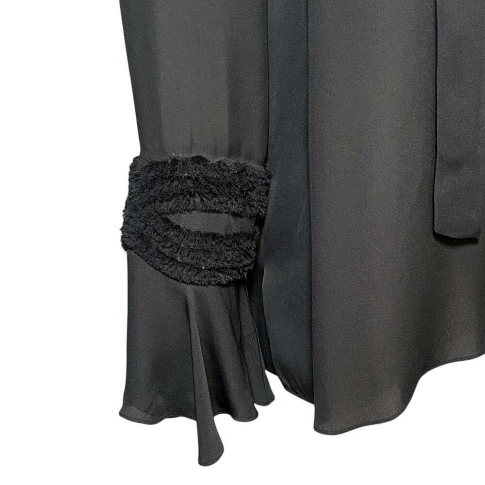 Kobi Halperin Silk Blouse Black Tie Neck Sheer Fringe Bell Sleeve Size M - Picture 6 of 9